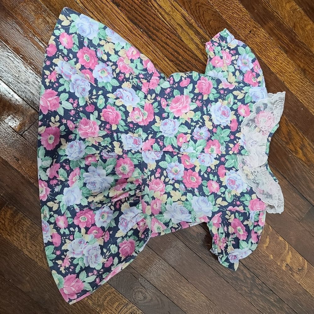 Vintage 80s 90s Girls Pink Colorful Floral Dress White Lace Collar 4T - Picture 4 of 9